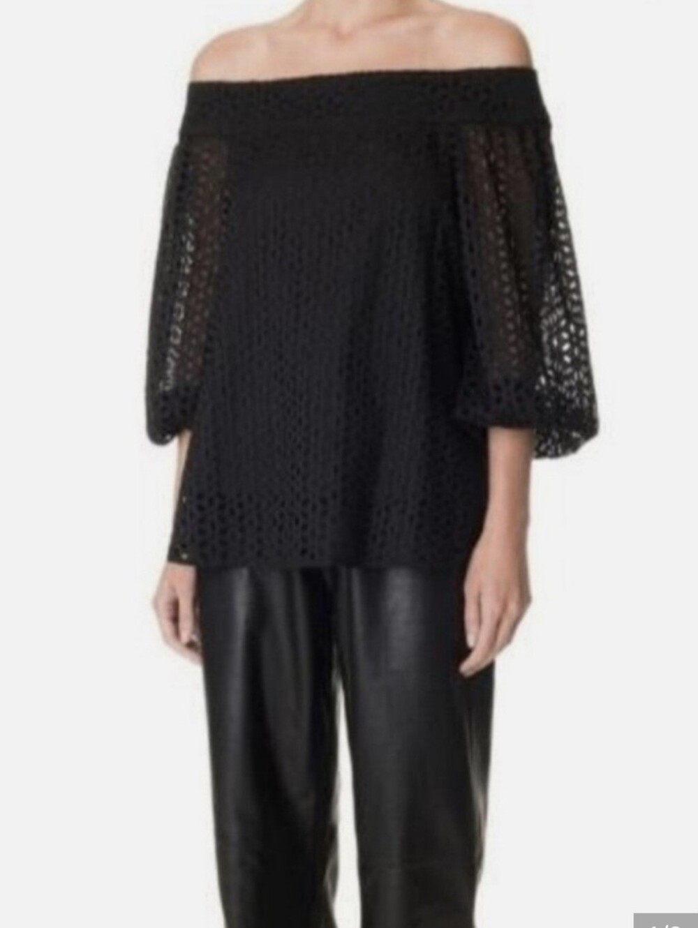 Tibi Off Shoulder Black Eyelet 3/4 Sleeve Tunic Blouse With Tie Sleeve Detail